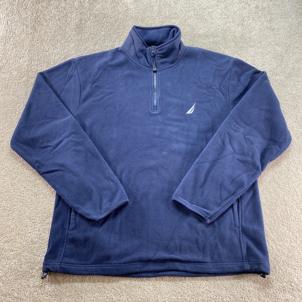 Nautica Fleece Pullover Mens Large Blue Quarter Zip Mock Neck Long Sleeve Logo